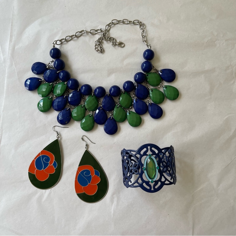 Bold Blue & Green Jewelry Set Retro Maximalist Necklace, Earrings & Cuff
